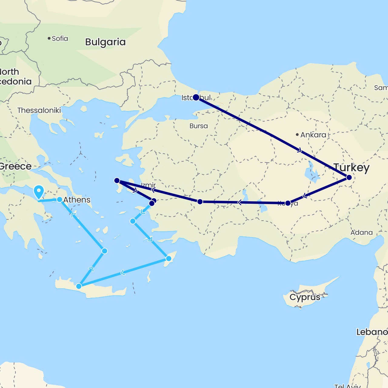 TravelMap itinerary: driving, boat in Greece, Turkey (Asia, Europe)