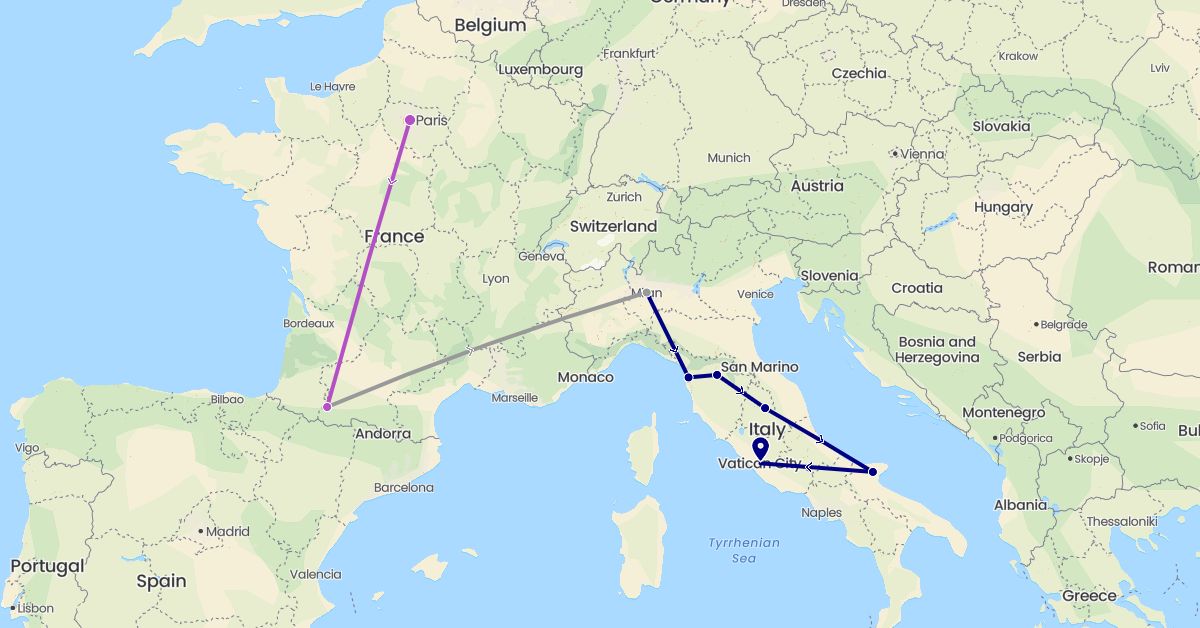 TravelMap itinerary: driving, plane, train in France, Italy (Europe)
