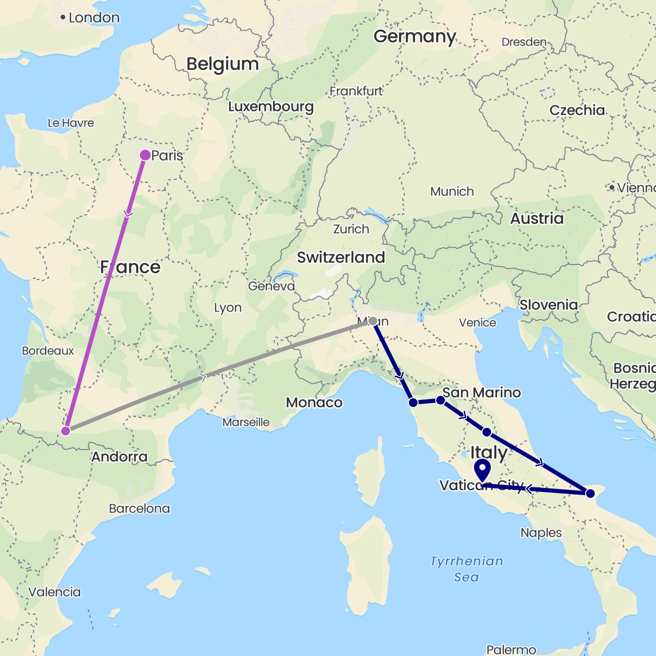 TravelMap itinerary: driving, plane, train in France, Italy (Europe)