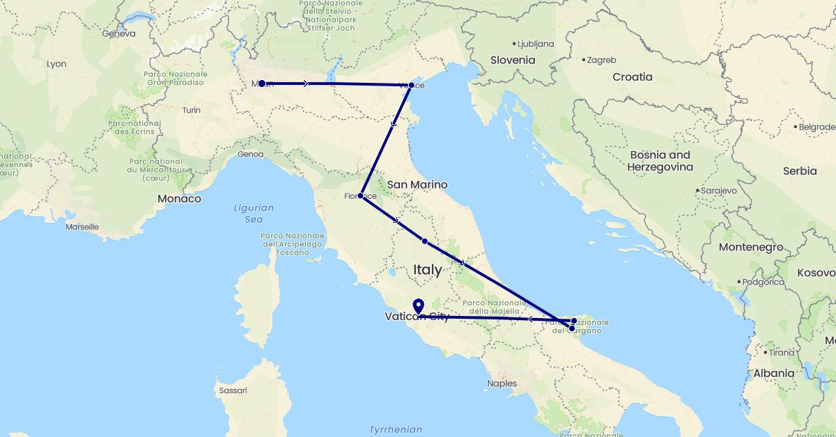 TravelMap itinerary: driving in Italy (Europe)