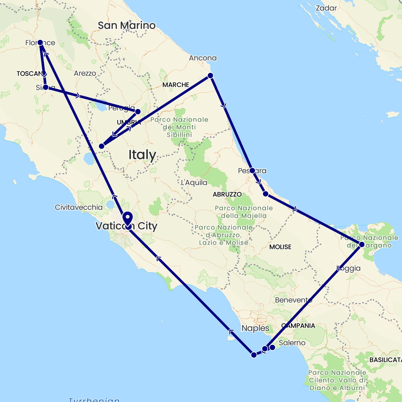 TravelMap itinerary: driving in Italy (Europe)