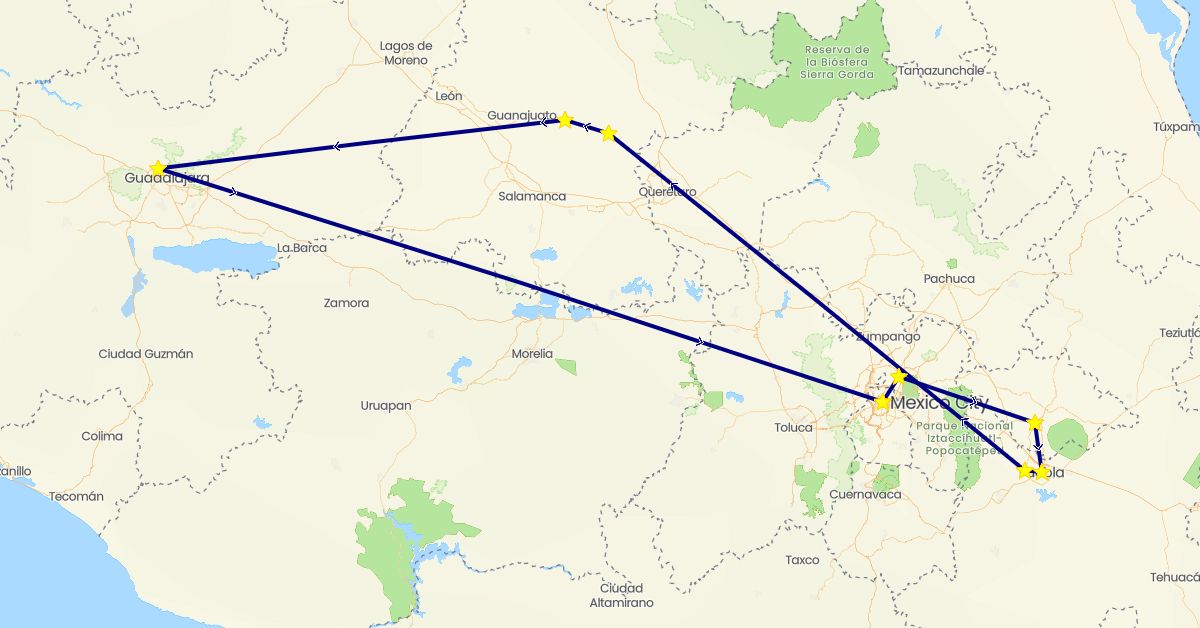 TravelMap itinerary: driving in Mexico (North America)