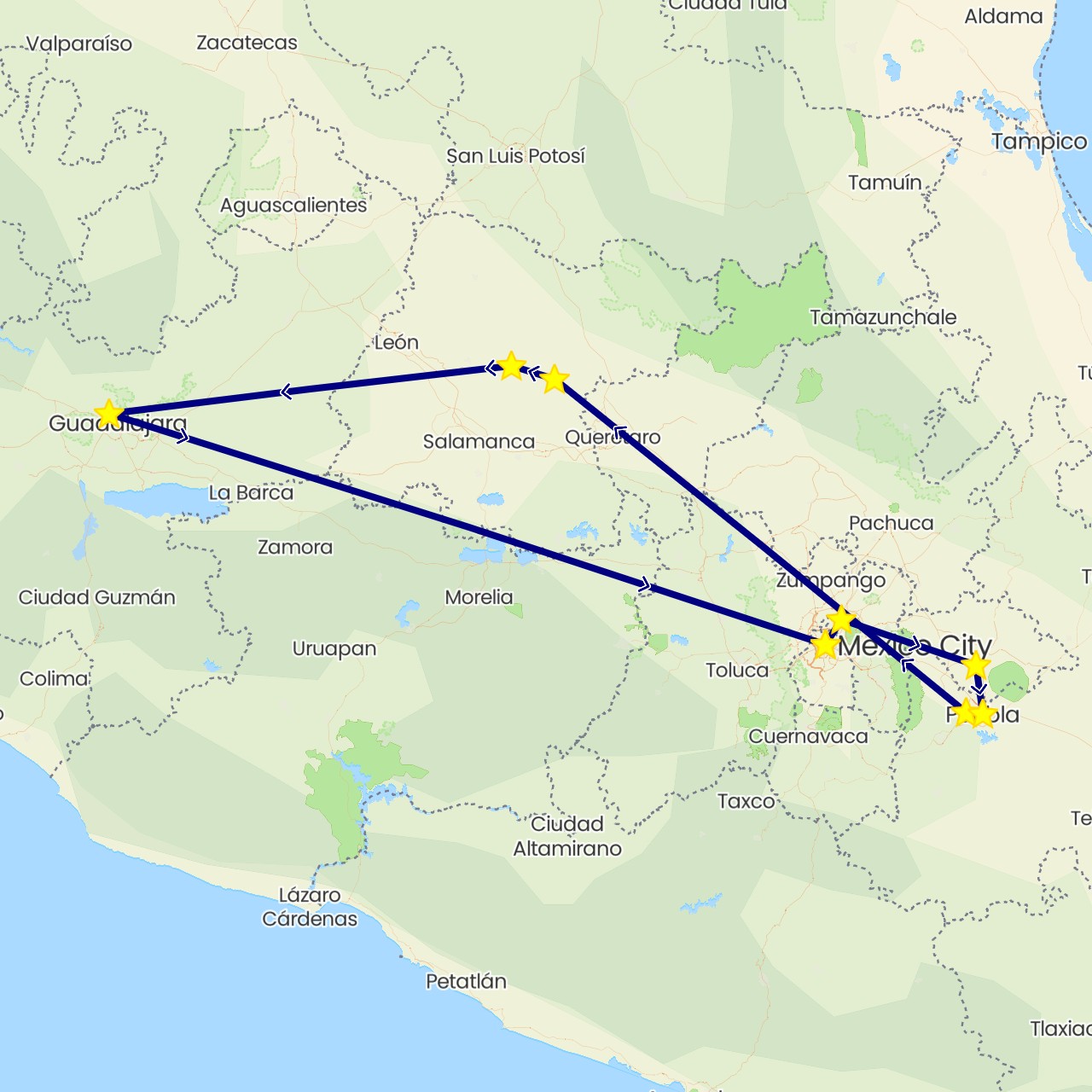 TravelMap itinerary: driving in Mexico (North America)