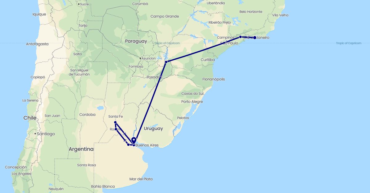 TravelMap itinerary: driving in Argentina, Brazil (South America)
