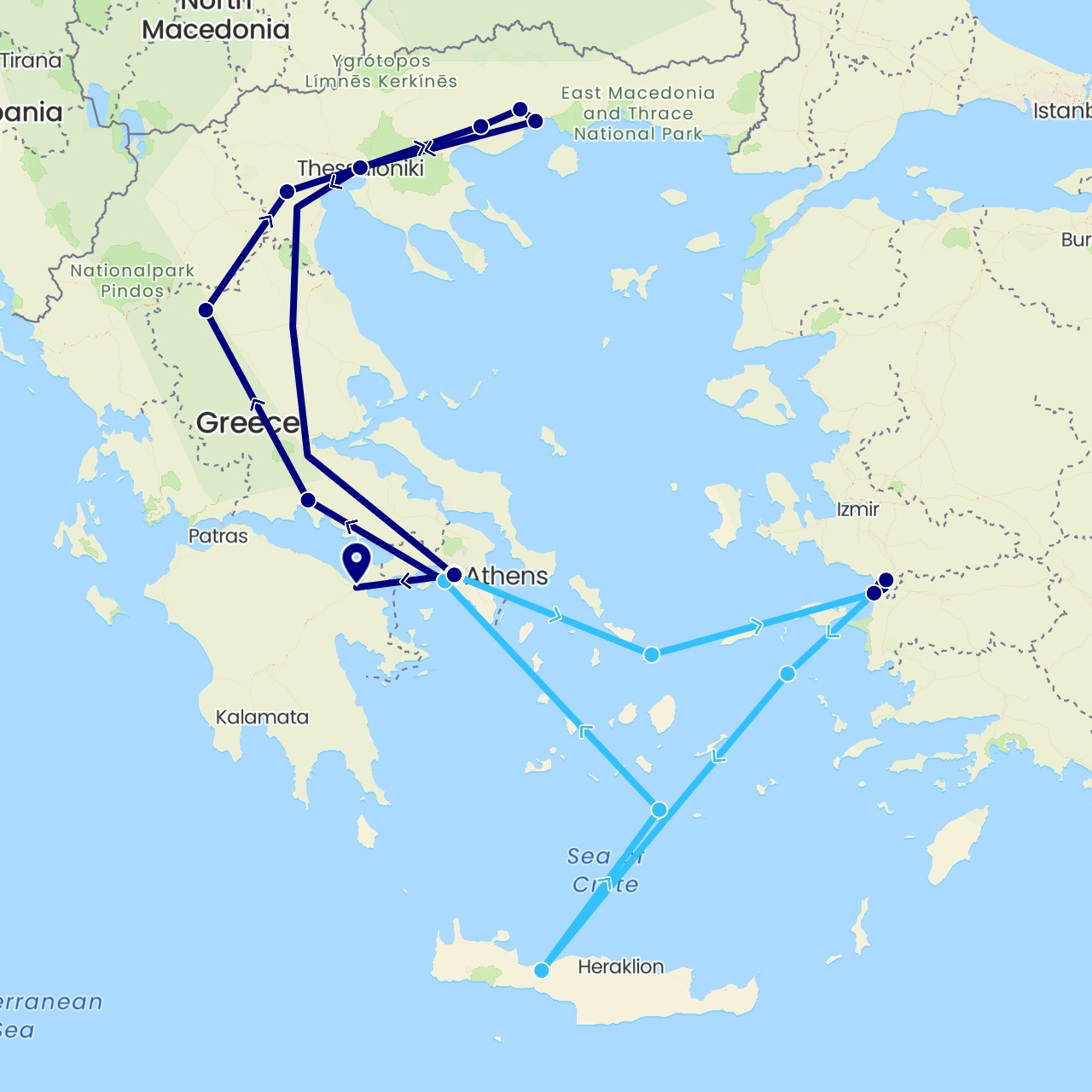 TravelMap itinerary: driving, plane, boat in Greece, Turkey (Asia, Europe)