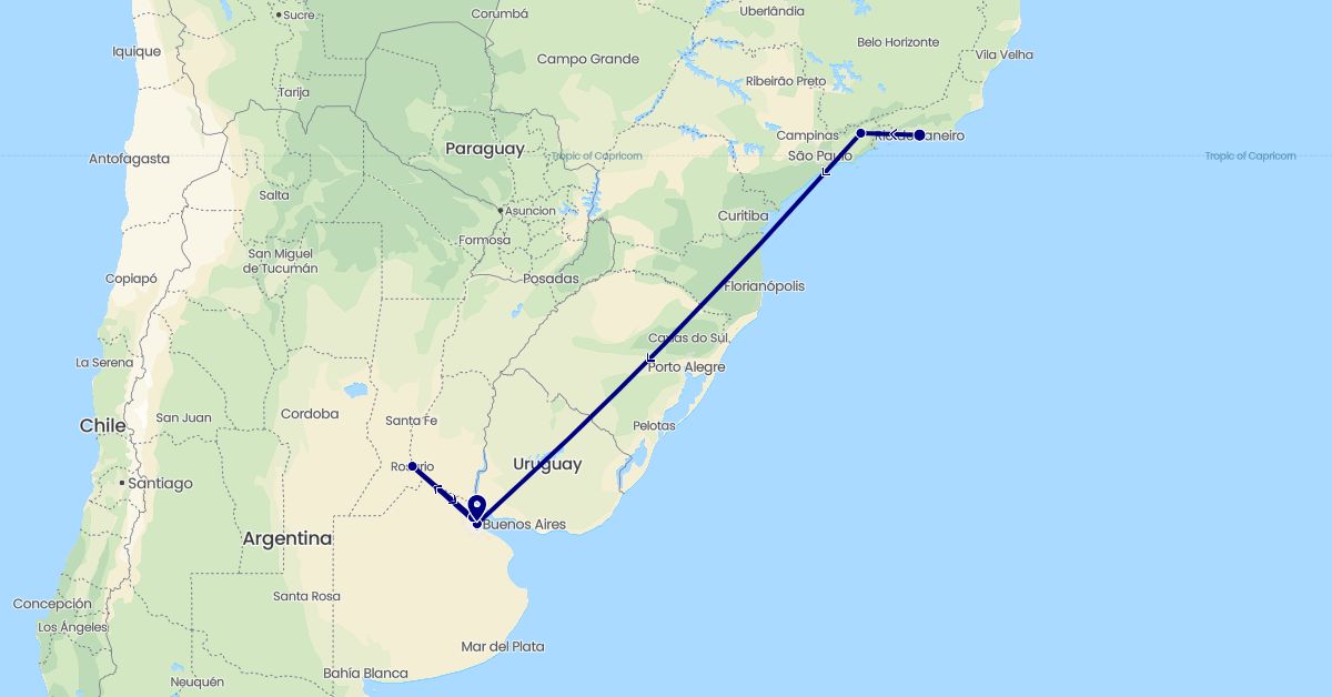 TravelMap itinerary: driving in Argentina, Brazil (South America)