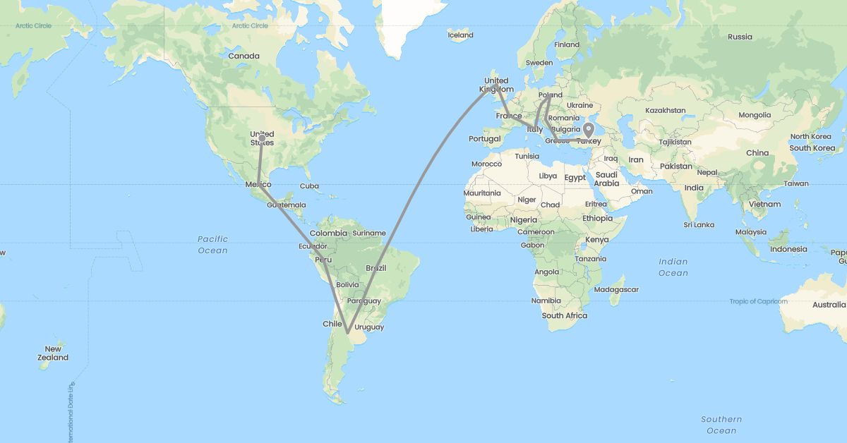 TravelMap itinerary: driving, plane in Argentina, Austria, Brazil, Czech Republic, France, United Kingdom, Greece, Croatia, Ireland, Italy, Mexico, Poland, Turkey (Asia, Europe, North America, South America)