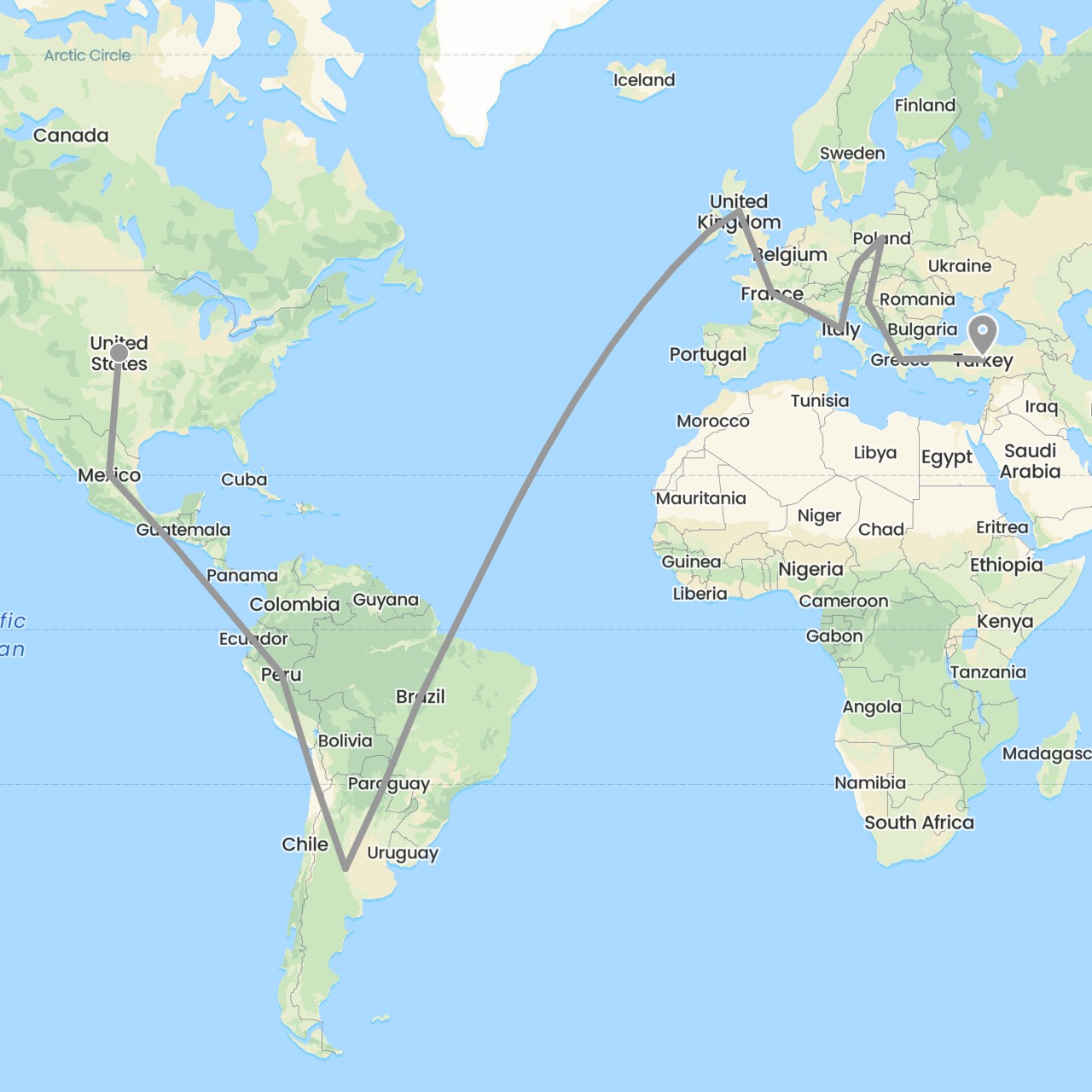 TravelMap itinerary: driving, plane in Argentina, Austria, Brazil, Czech Republic, France, United Kingdom, Greece, Croatia, Ireland, Italy, Mexico, Poland, Turkey (Asia, Europe, North America, South America)