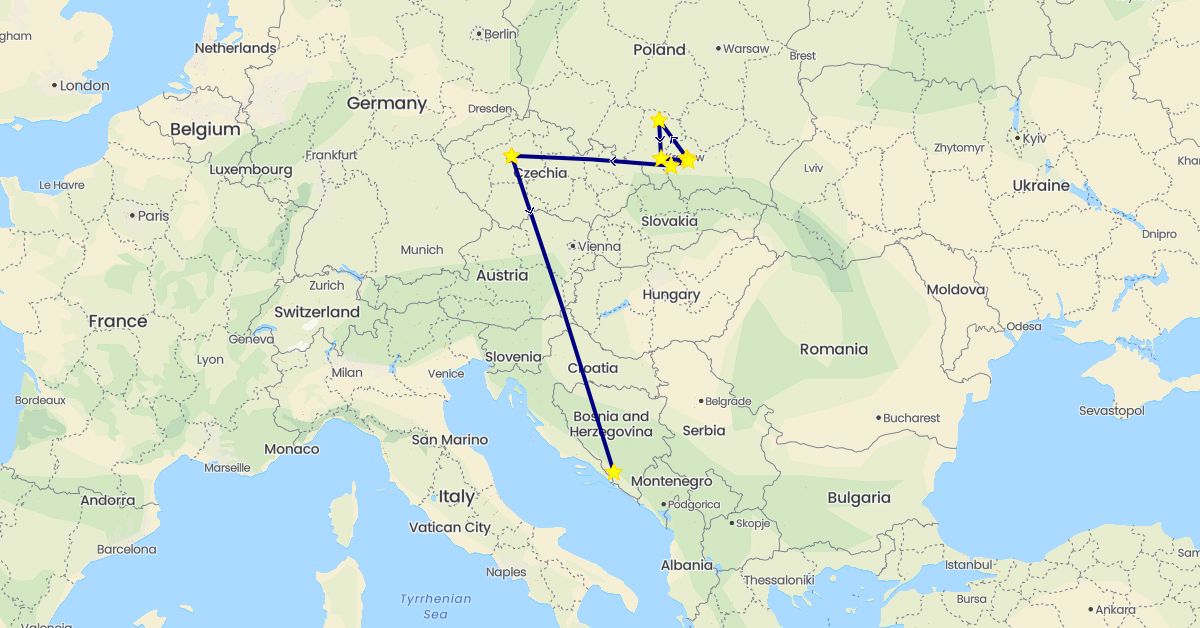TravelMap itinerary: driving in Bosnia and Herzegovina, Czech Republic, Poland (Europe)