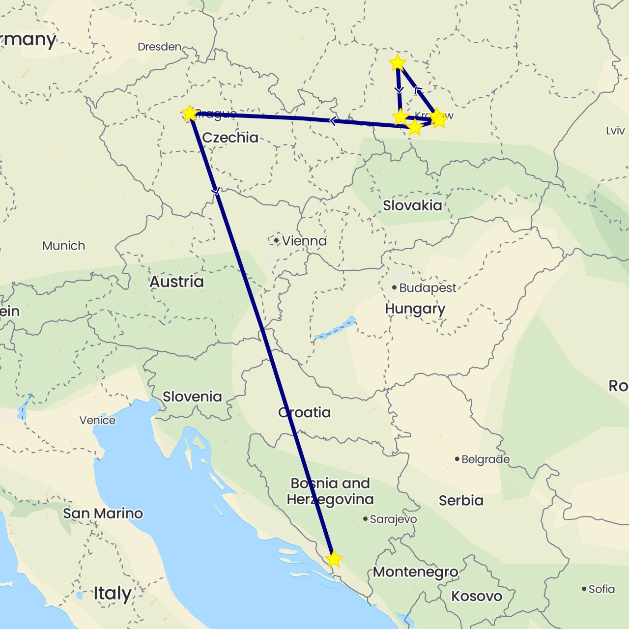 TravelMap itinerary: driving in Bosnia and Herzegovina, Czech Republic, Poland (Europe)