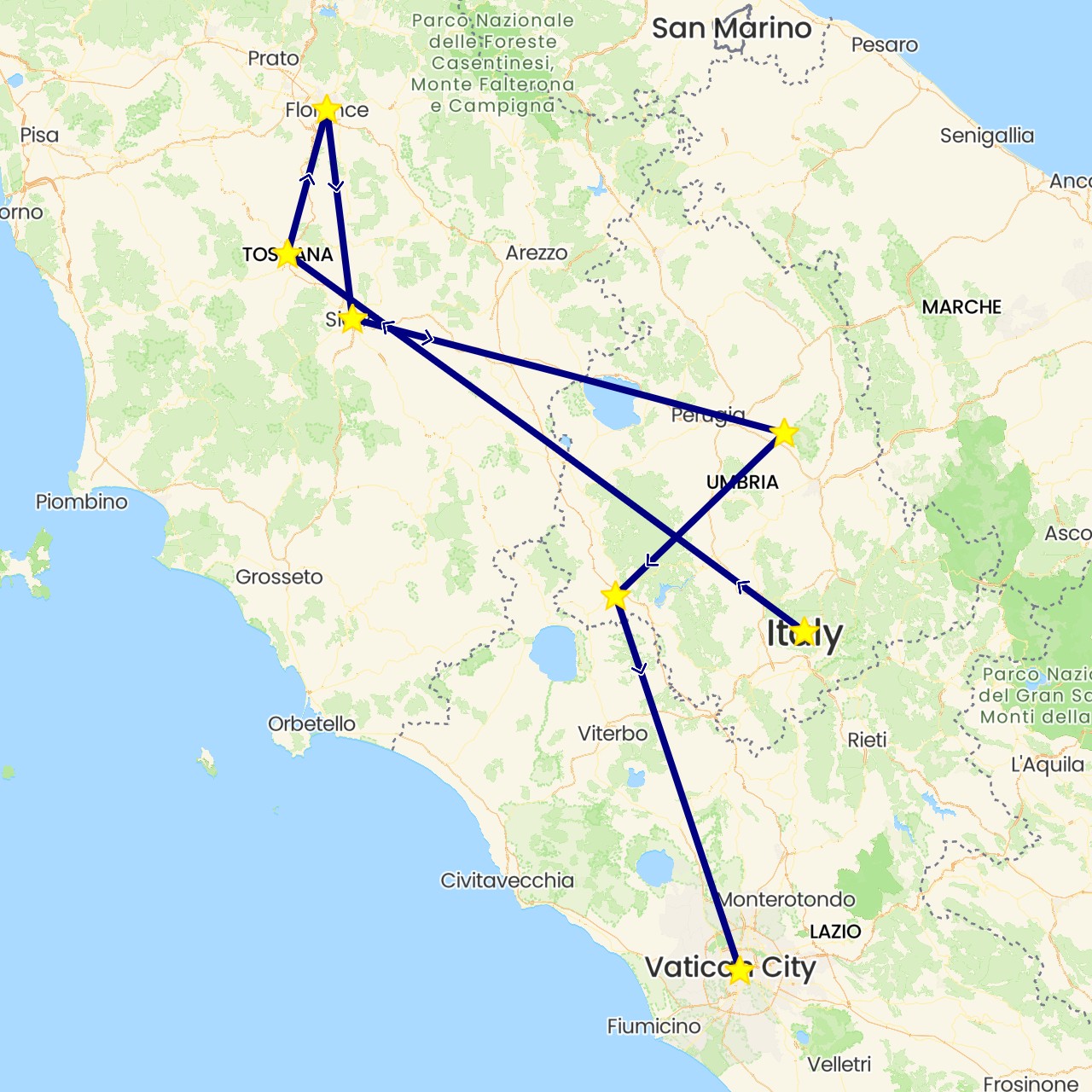 TravelMap itinerary: driving in Italy (Europe)