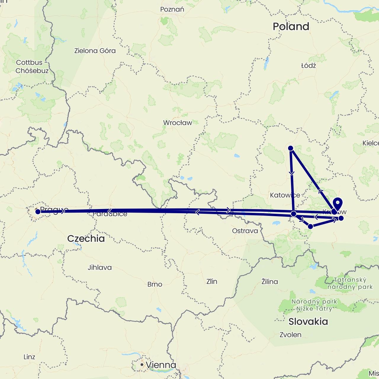 TravelMap itinerary: driving in Czech Republic, Poland (Europe)