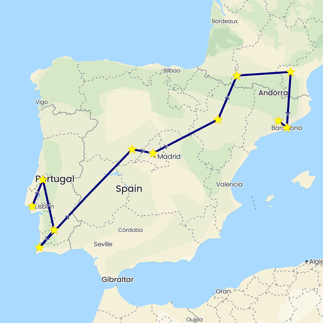 TravelMap itinerary: driving in Spain, France, Portugal (Europe)