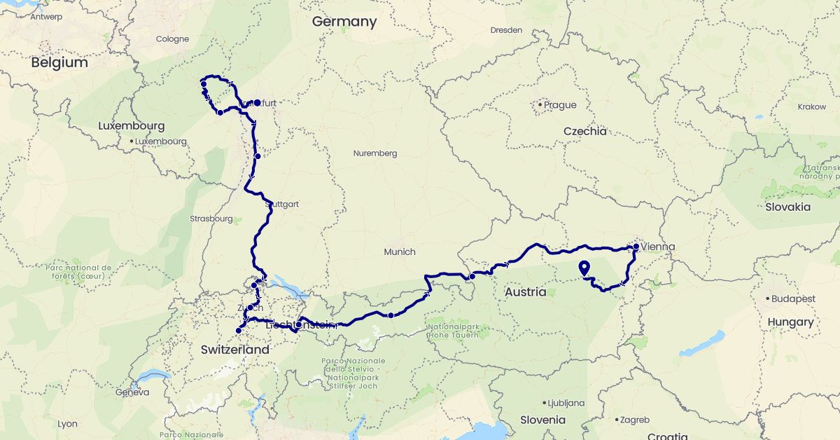 TravelMap itinerary: driving in Austria, Switzerland, Germany, Liechtenstein (Europe)