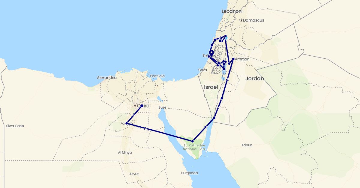TravelMap itinerary: driving, boat in Egypt, Israel, Jordan, Palestinian Territories (Africa, Asia)