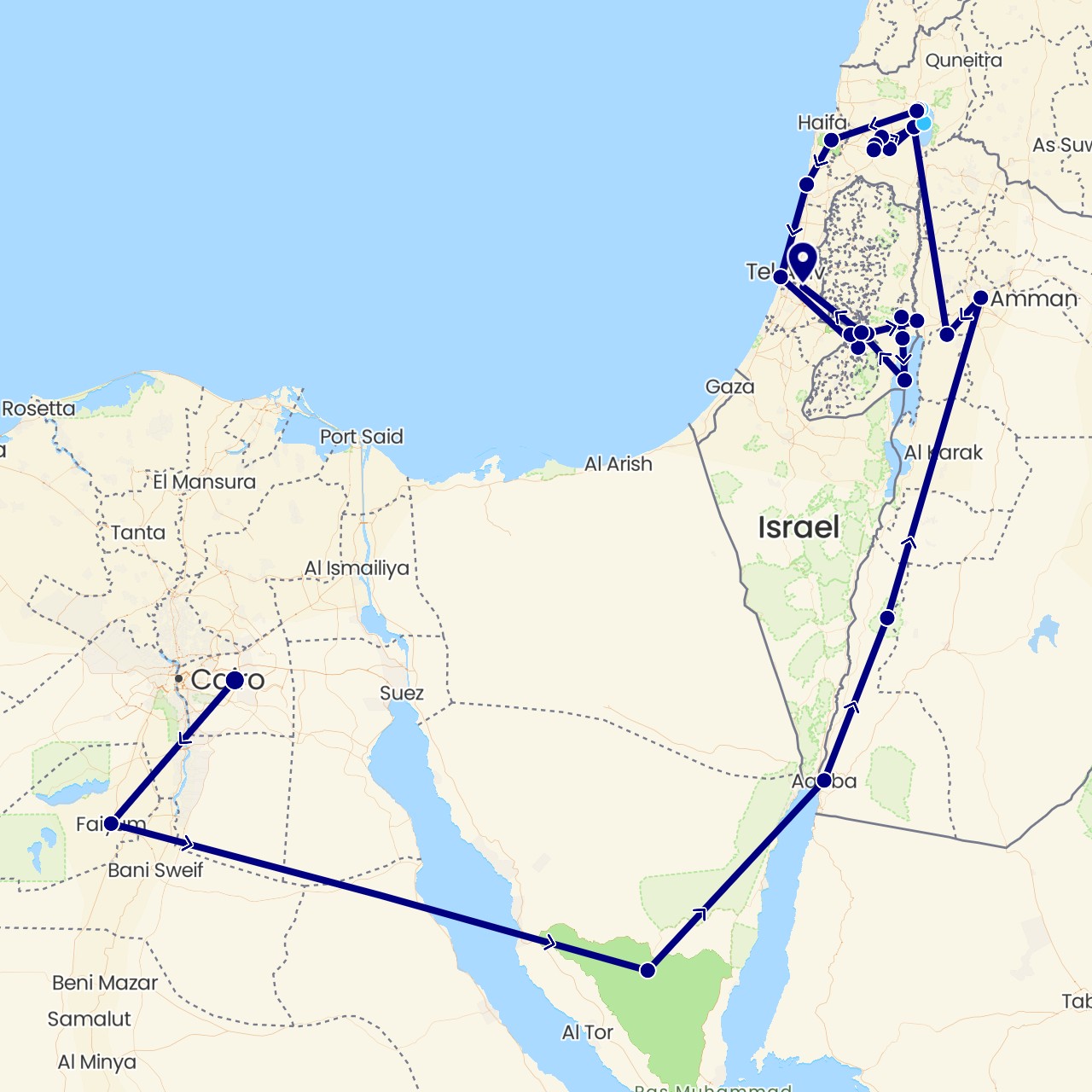 TravelMap itinerary: driving, boat in Egypt, Israel, Jordan, Palestinian Territories (Africa, Asia)