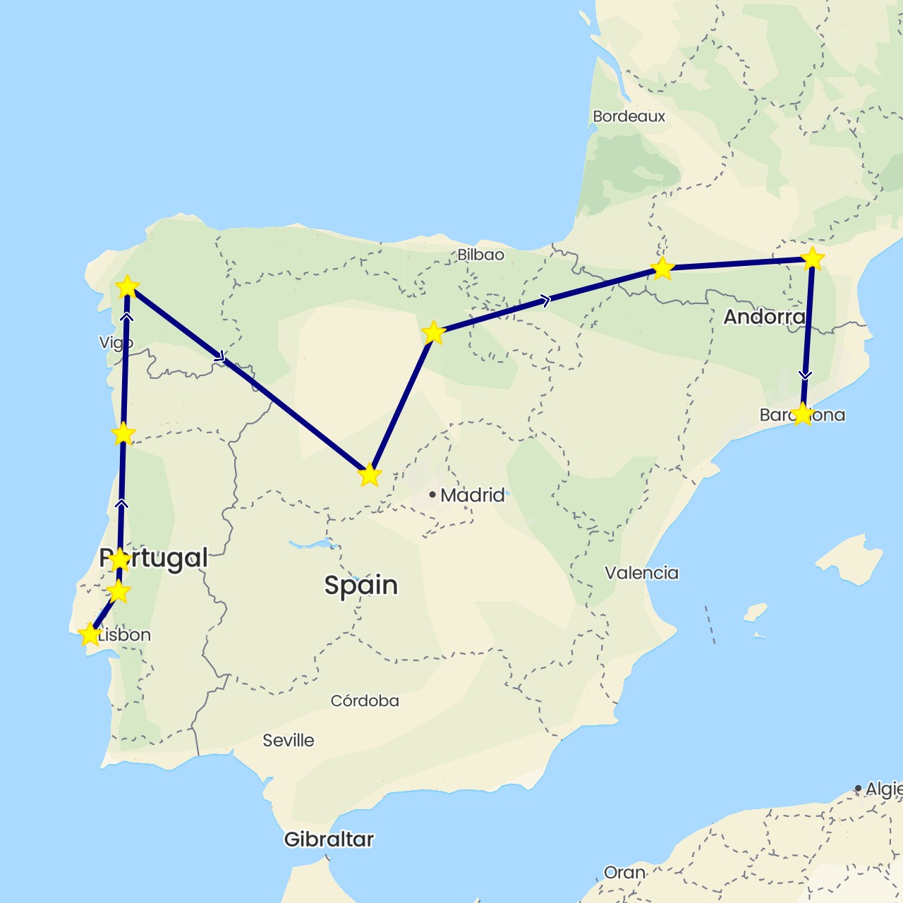 TravelMap itinerary: driving in Spain, France, Portugal (Europe)