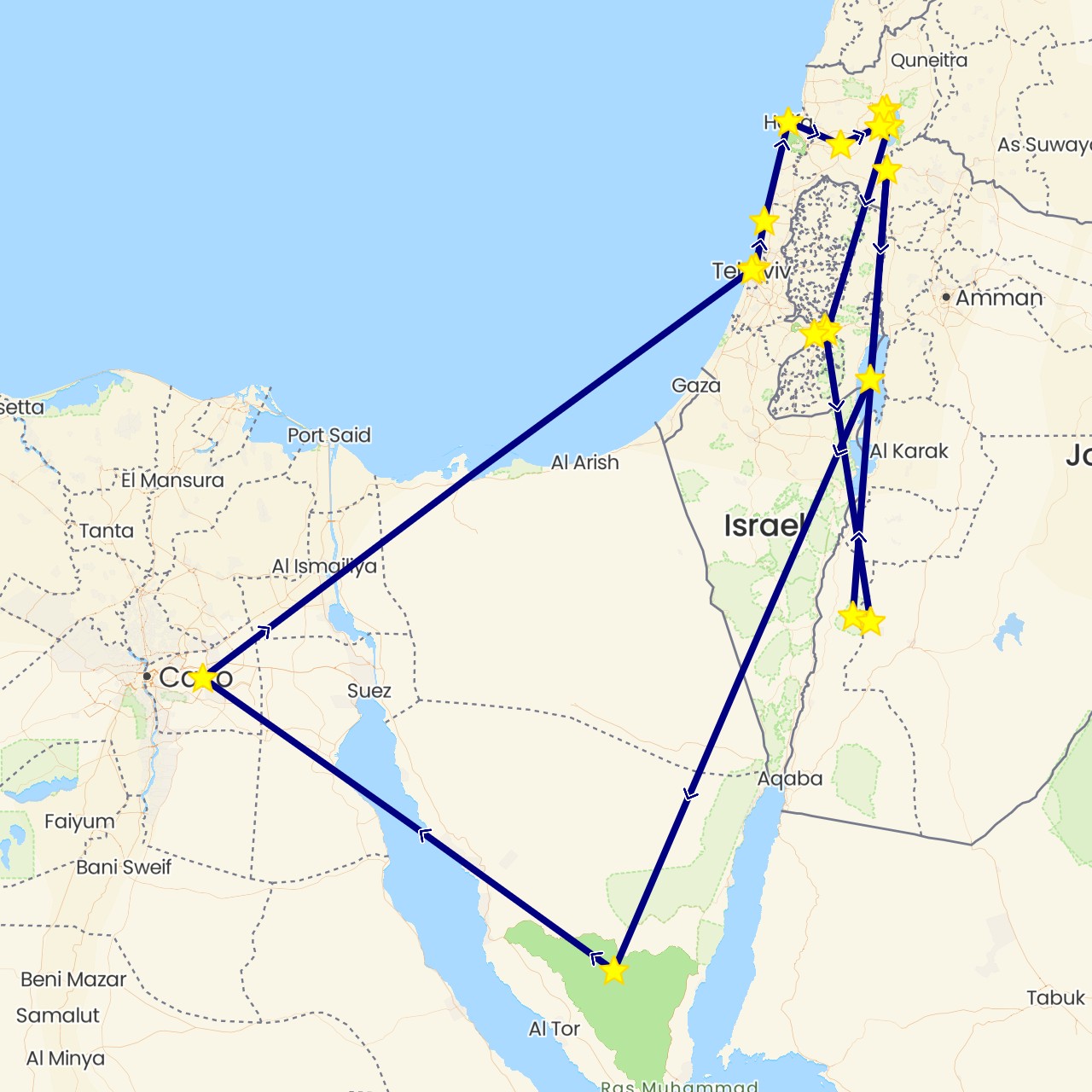 TravelMap itinerary: driving in Egypt, Israel, Jordan, Palestinian Territories (Africa, Asia)