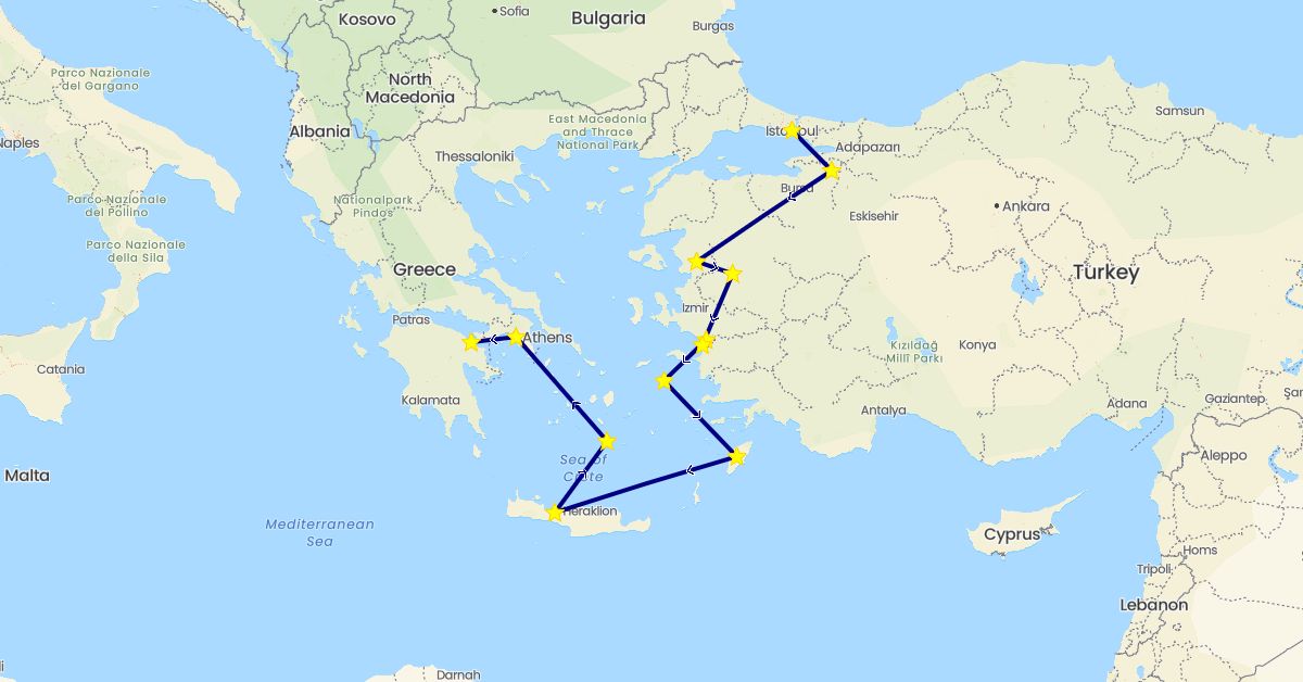 TravelMap itinerary: driving in Greece, Turkey (Asia, Europe)