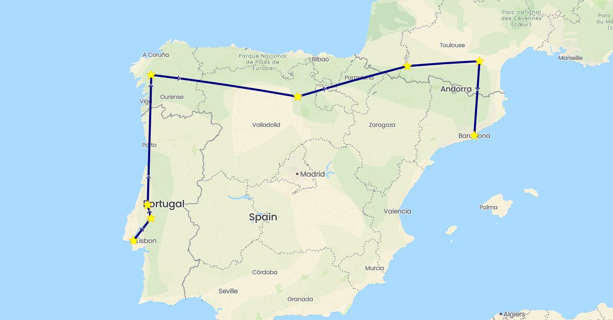 TravelMap itinerary: driving in Spain, France, Portugal (Europe)