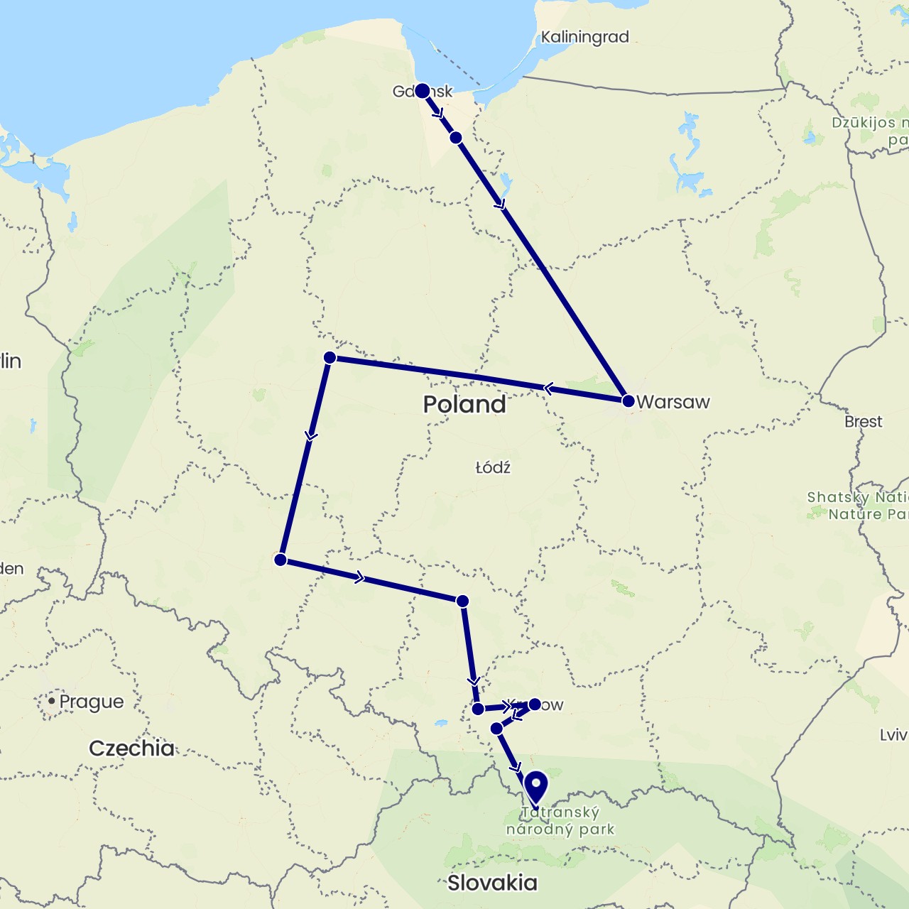 TravelMap itinerary: driving in Poland (Europe)