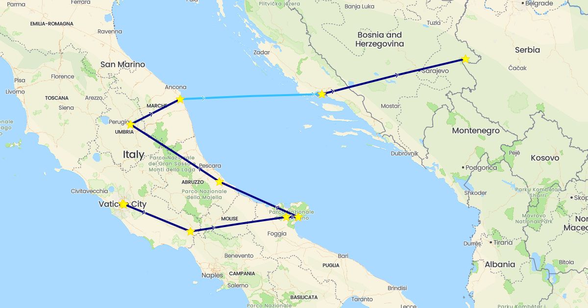 TravelMap itinerary: driving, boat in Bosnia and Herzegovina, Croatia, Italy, Vatican City (Europe)