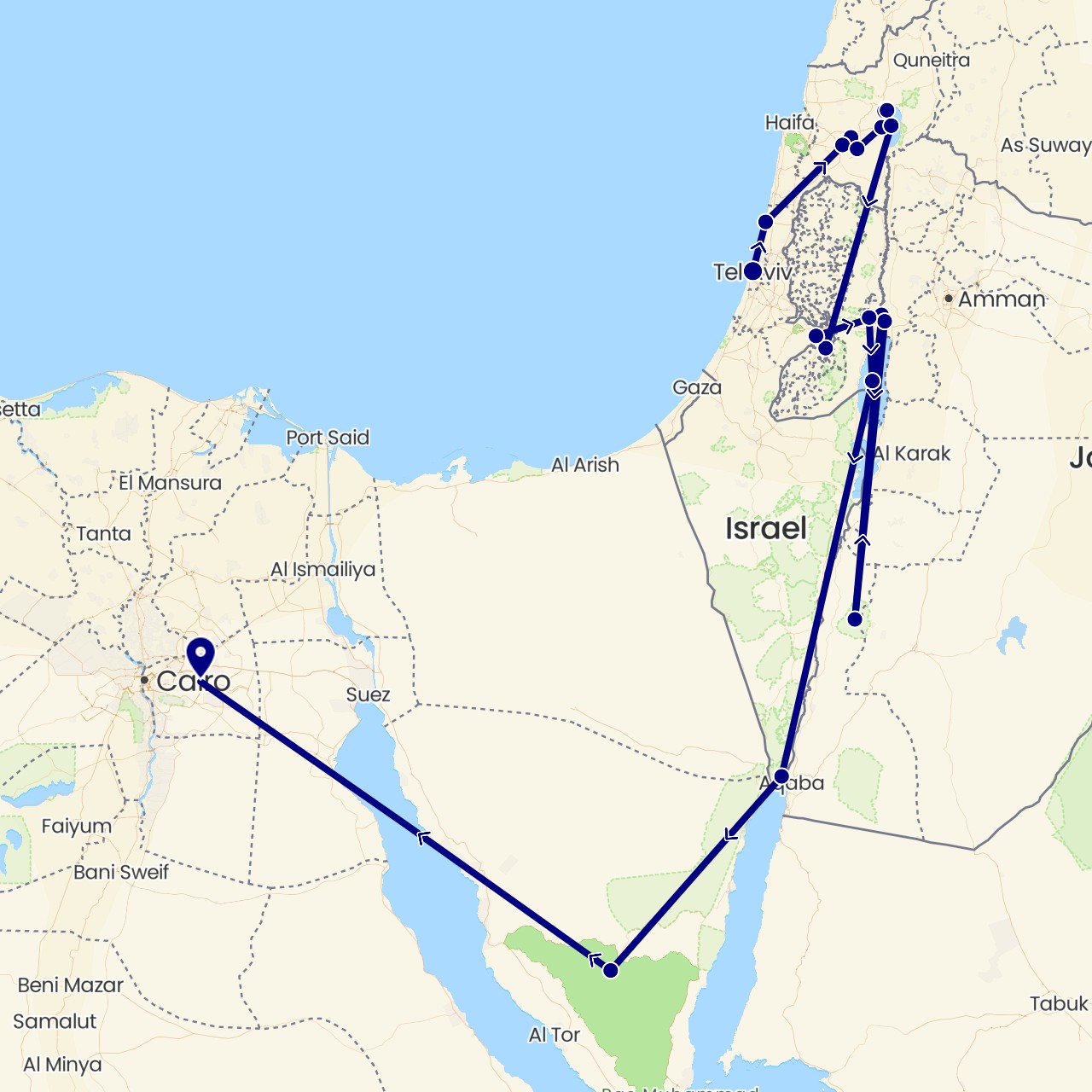 TravelMap itinerary: driving in Egypt, Israel, Jordan, Palestinian Territories (Africa, Asia)