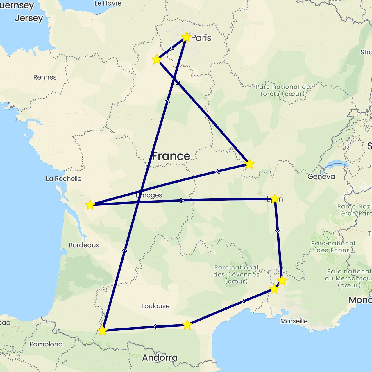 TravelMap itinerary: driving in France (Europe)