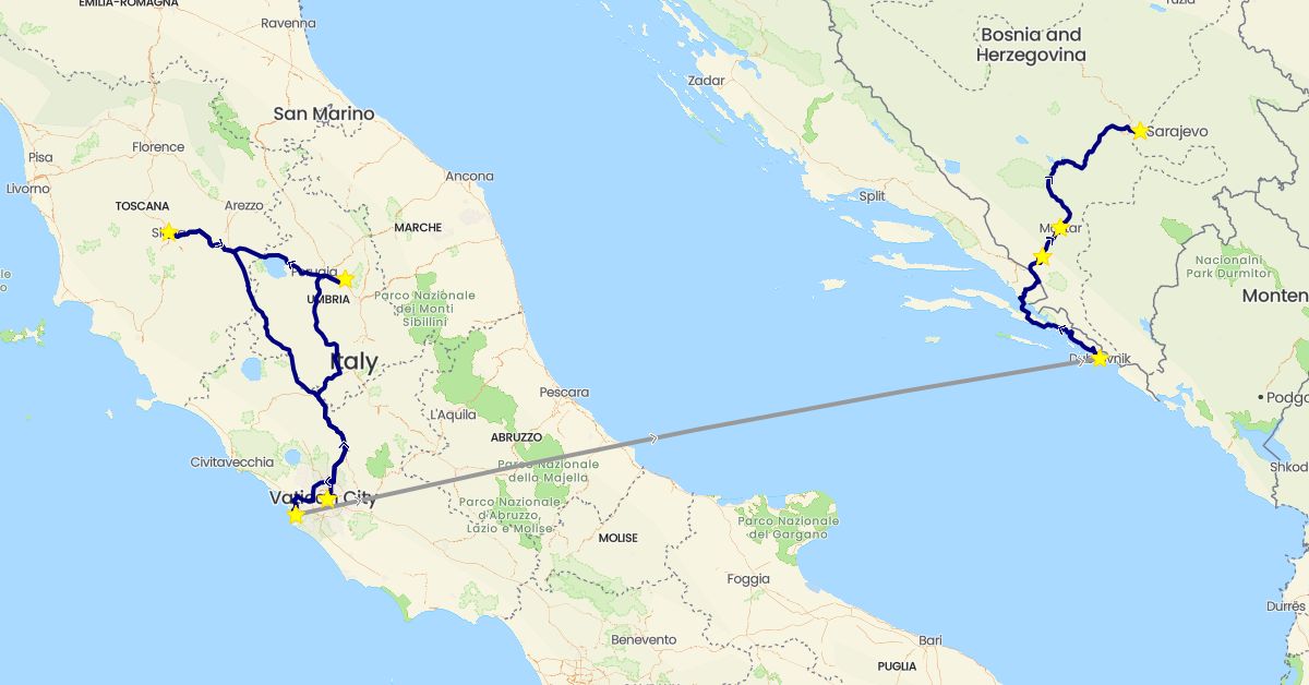 TravelMap itinerary: driving, plane in Bosnia and Herzegovina, Croatia, Italy (Europe)