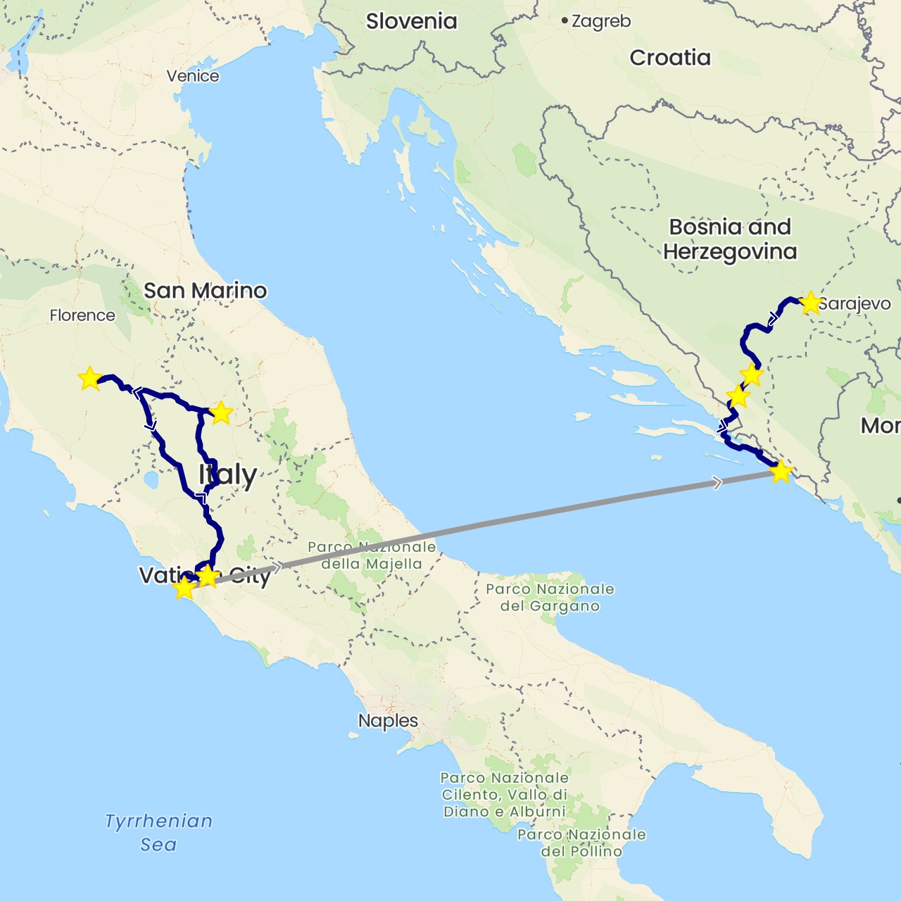 TravelMap itinerary: driving, plane in Bosnia and Herzegovina, Croatia, Italy (Europe)