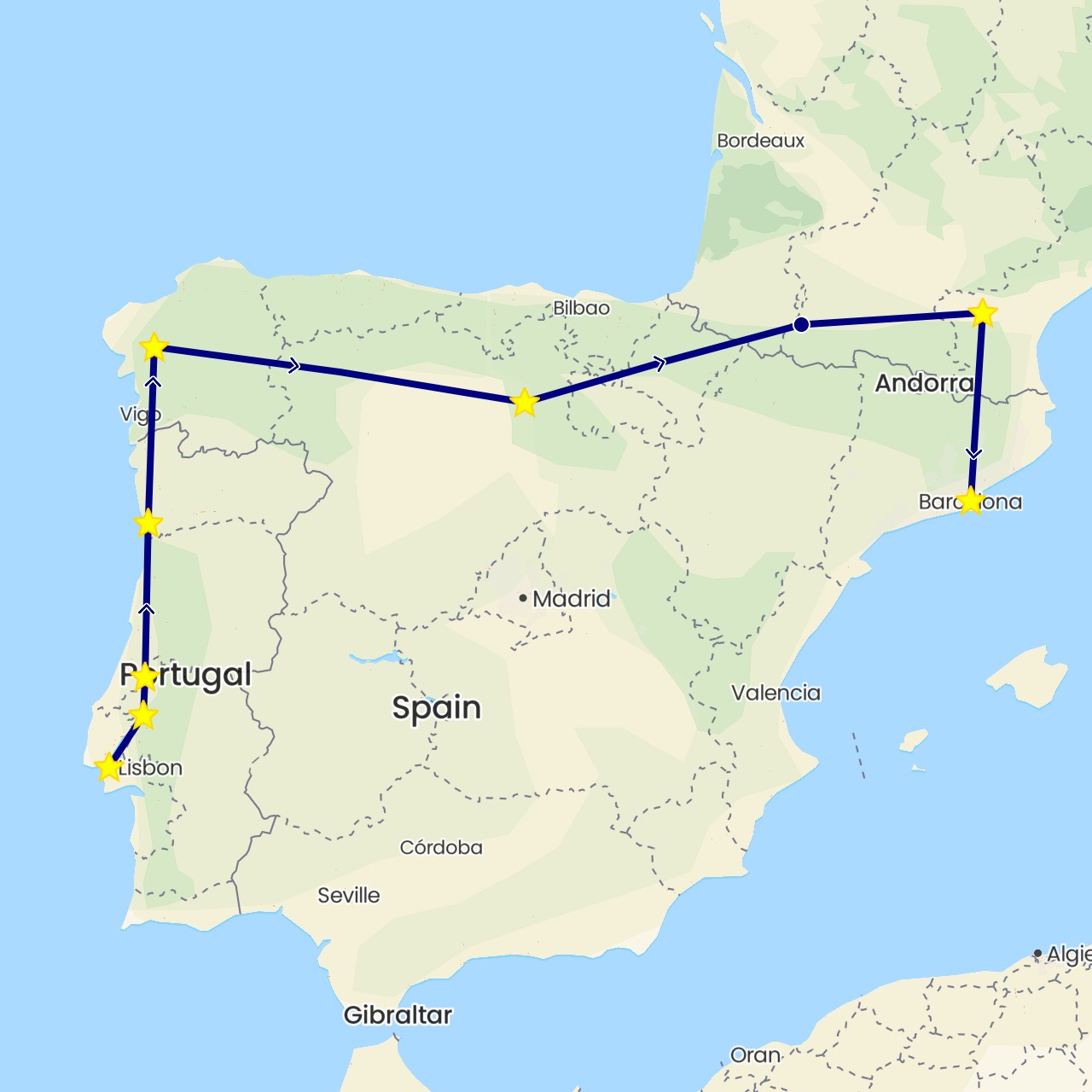 TravelMap itinerary: driving in Spain, France, Portugal (Europe)