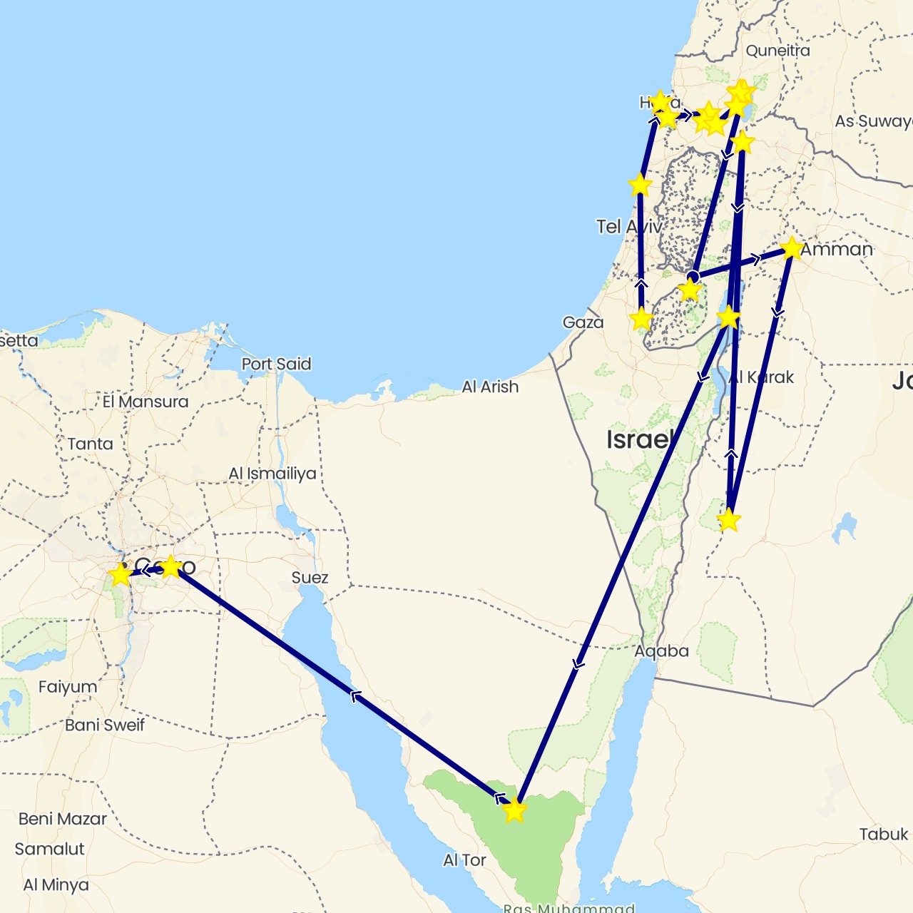 TravelMap itinerary: driving in Egypt, Israel, Jordan, Palestinian Territories (Africa, Asia)