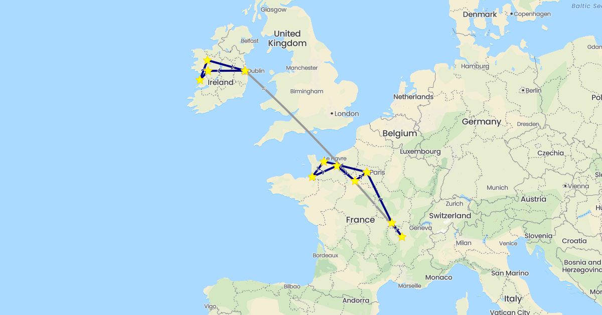 TravelMap itinerary: driving, plane in France, Ireland (Europe)