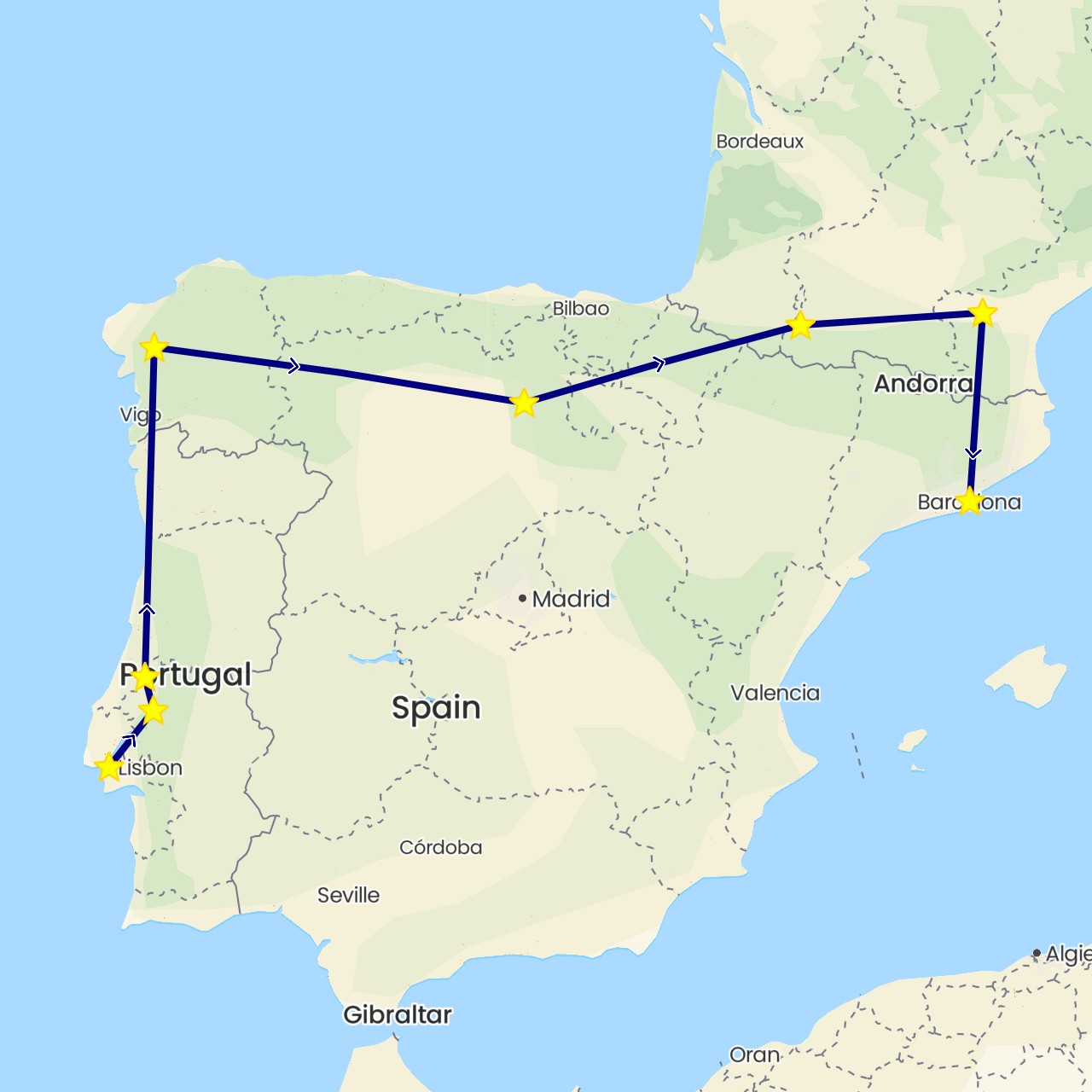 TravelMap itinerary: driving in Spain, France, Portugal (Europe)