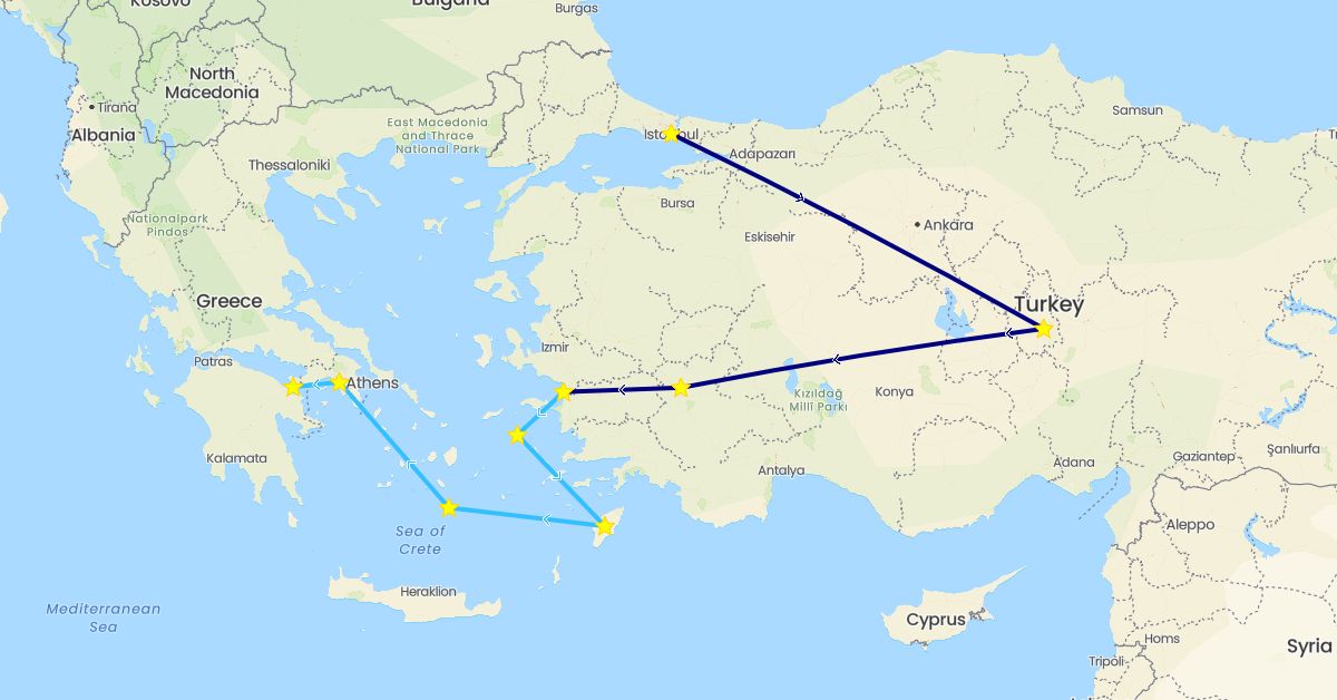 TravelMap itinerary: driving, boat in Greece, Turkey (Asia, Europe)