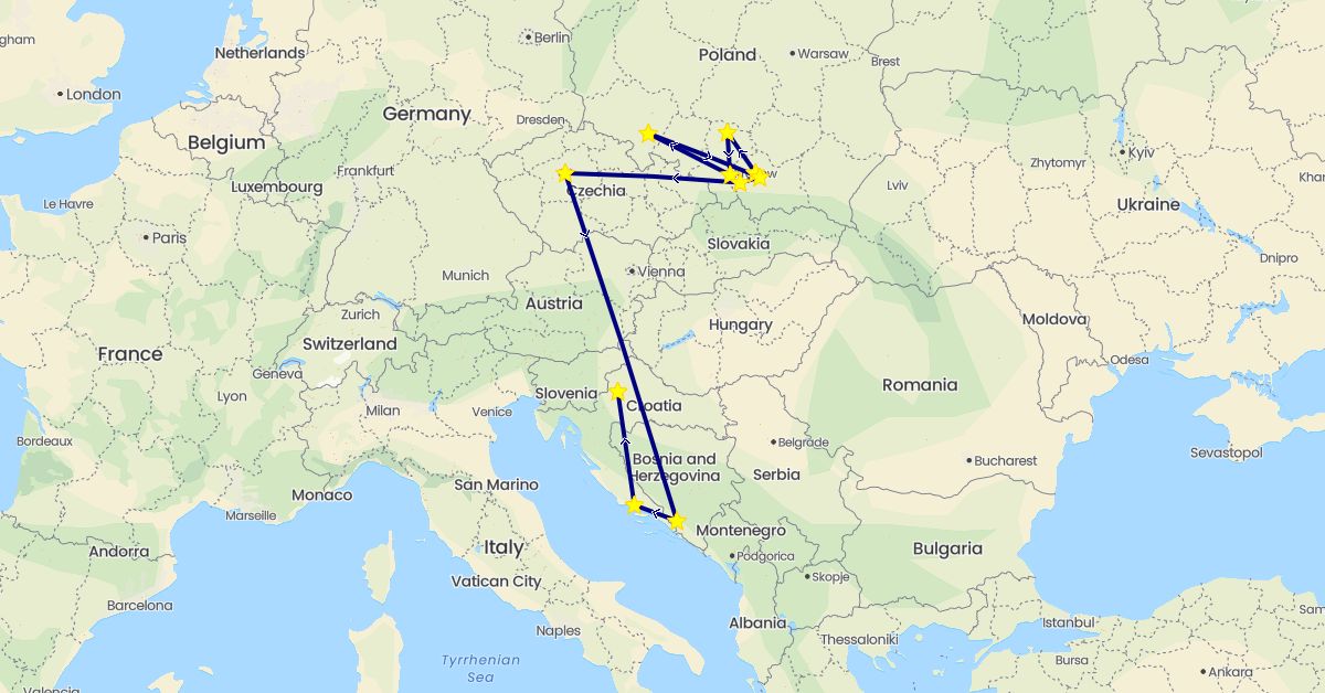 TravelMap itinerary: driving in Bosnia and Herzegovina, Czech Republic, Croatia, Poland (Europe)