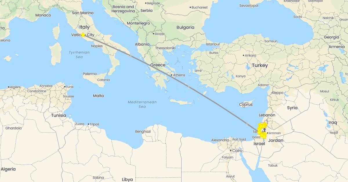 TravelMap itinerary: plane, boat, nativity bus in Israel, Italy, Jordan, Palestinian Territories (Asia, Europe)