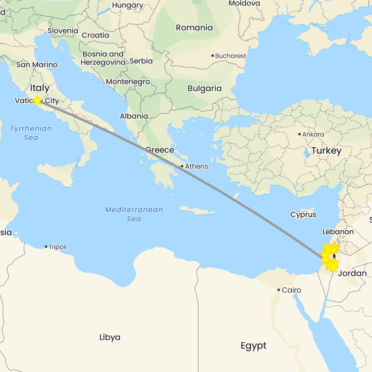 TravelMap itinerary: plane, boat, nativity bus in Israel, Italy, Jordan, Palestinian Territories (Asia, Europe)