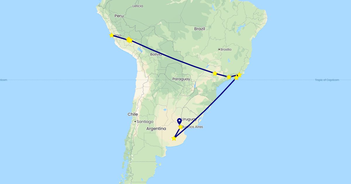 TravelMap itinerary: driving in Argentina, Brazil, Peru (South America)
