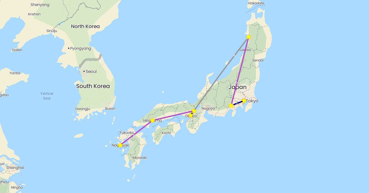 TravelMap itinerary: driving, plane, train in Japan (Asia)