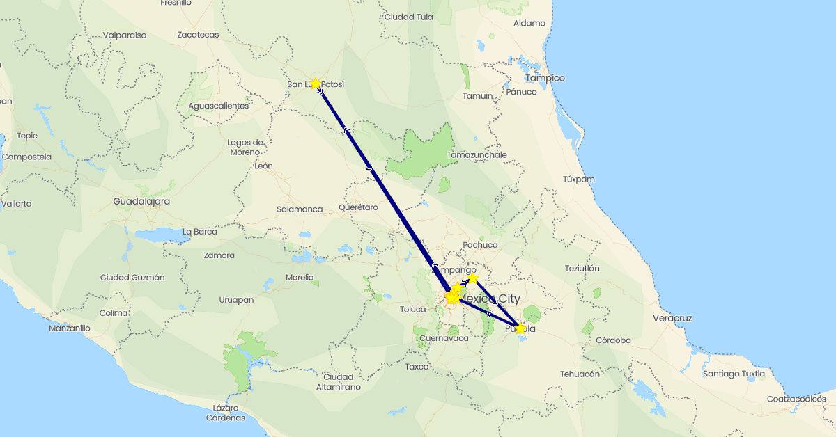 TravelMap itinerary: driving in Mexico (North America)