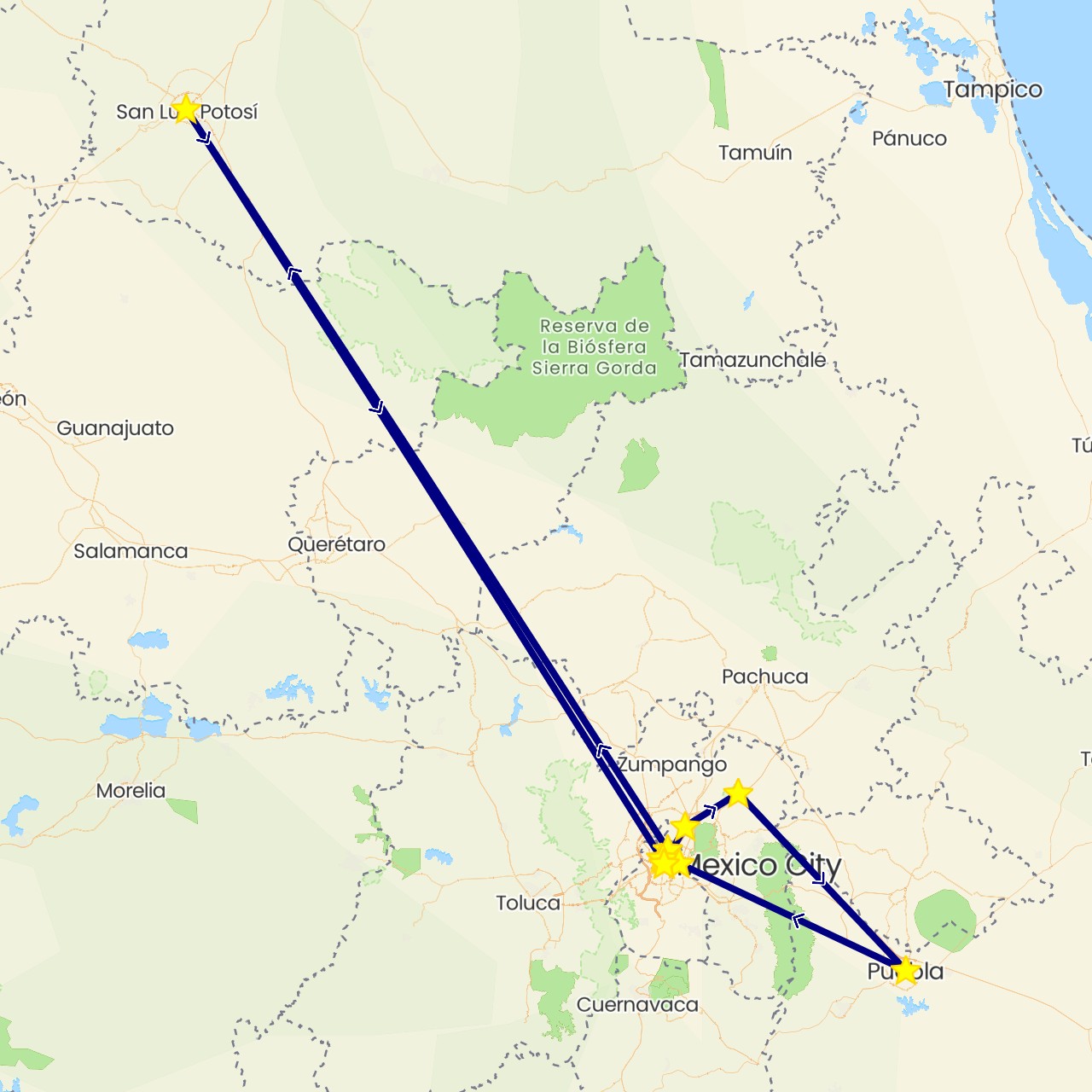 TravelMap itinerary: driving in Mexico (North America)