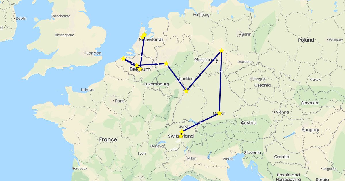 TravelMap itinerary: driving in Belgium, Switzerland, Germany, Netherlands (Europe)