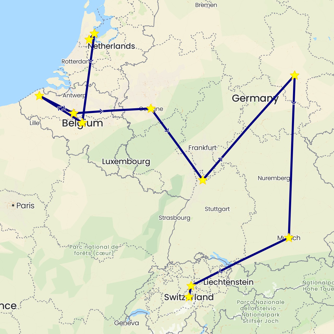 TravelMap itinerary: driving in Belgium, Switzerland, Germany, Netherlands (Europe)