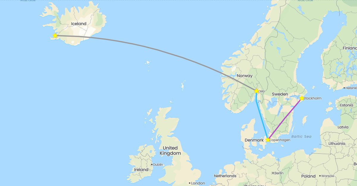 TravelMap itinerary: driving, plane, train, boat in Denmark, Iceland, Norway, Sweden (Europe)
