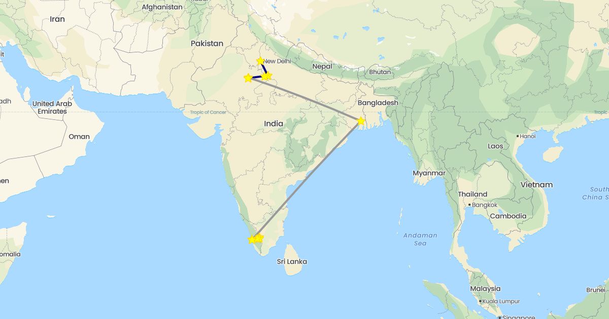 TravelMap itinerary: driving, plane in India (Asia)
