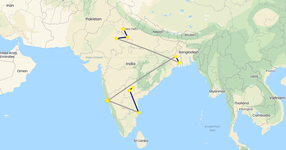 TravelMap itinerary: driving, plane in India (Asia)
