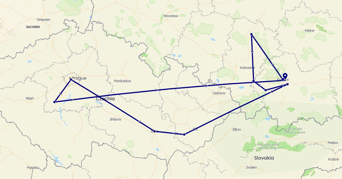 TravelMap itinerary: driving in Czech Republic, Poland (Europe)