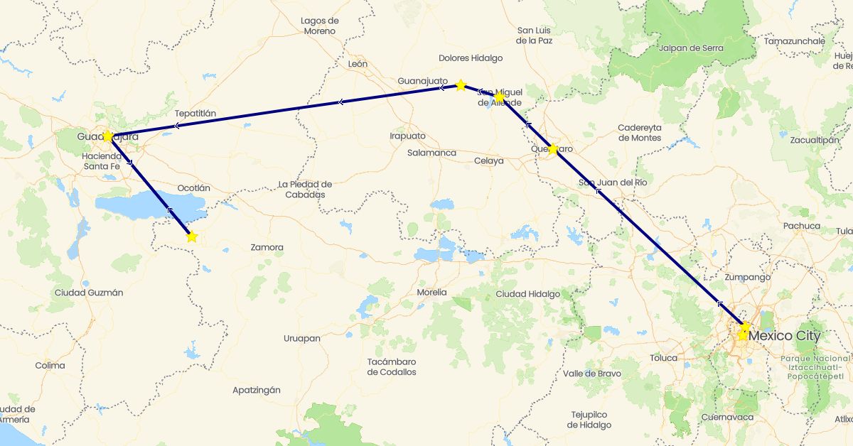 TravelMap itinerary: driving in Mexico (North America)