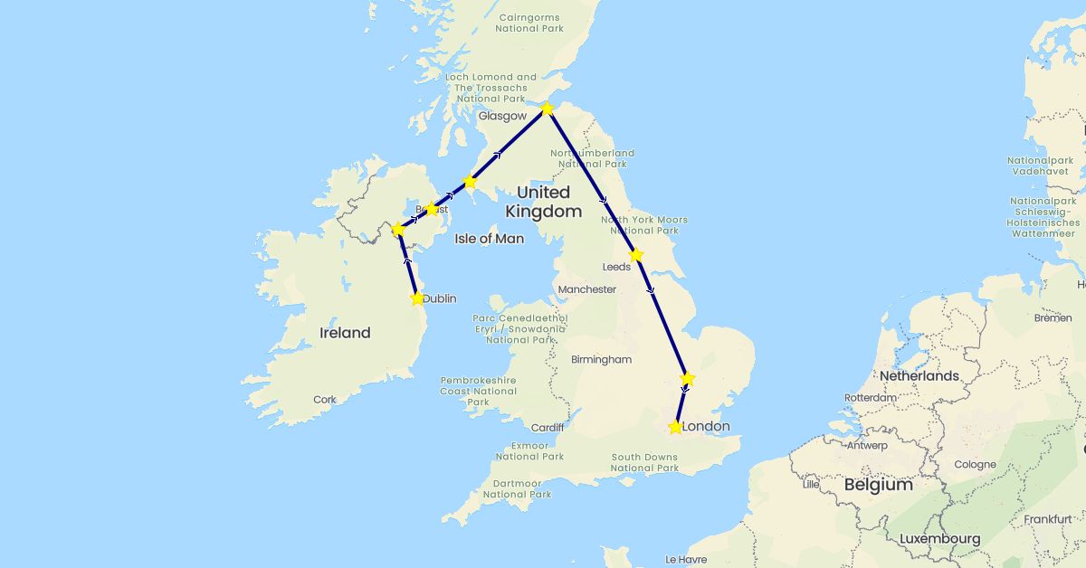 TravelMap itinerary: driving in United Kingdom, Ireland (Europe)